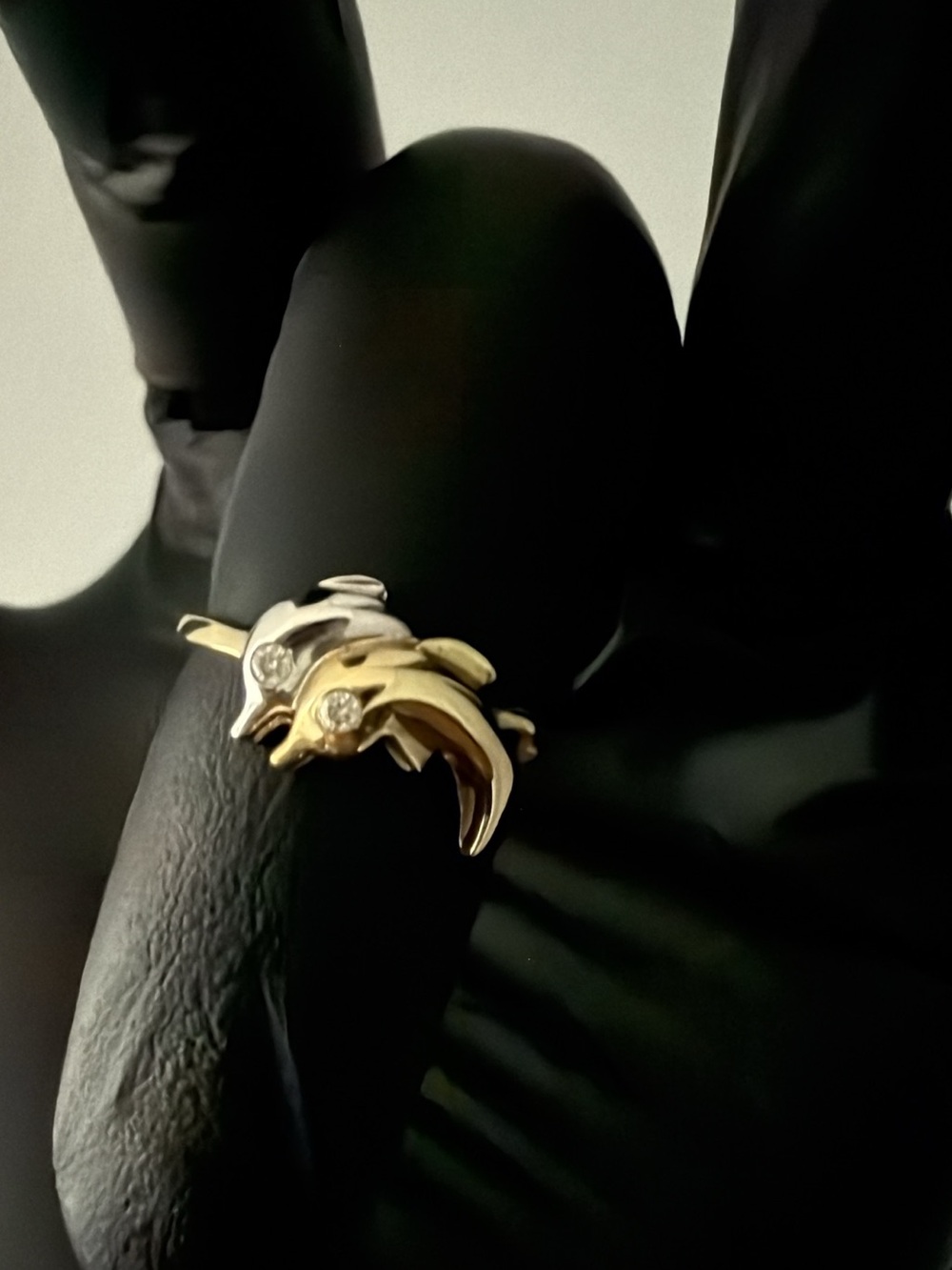 Natural diamond two tone 10K gold dolphin ring